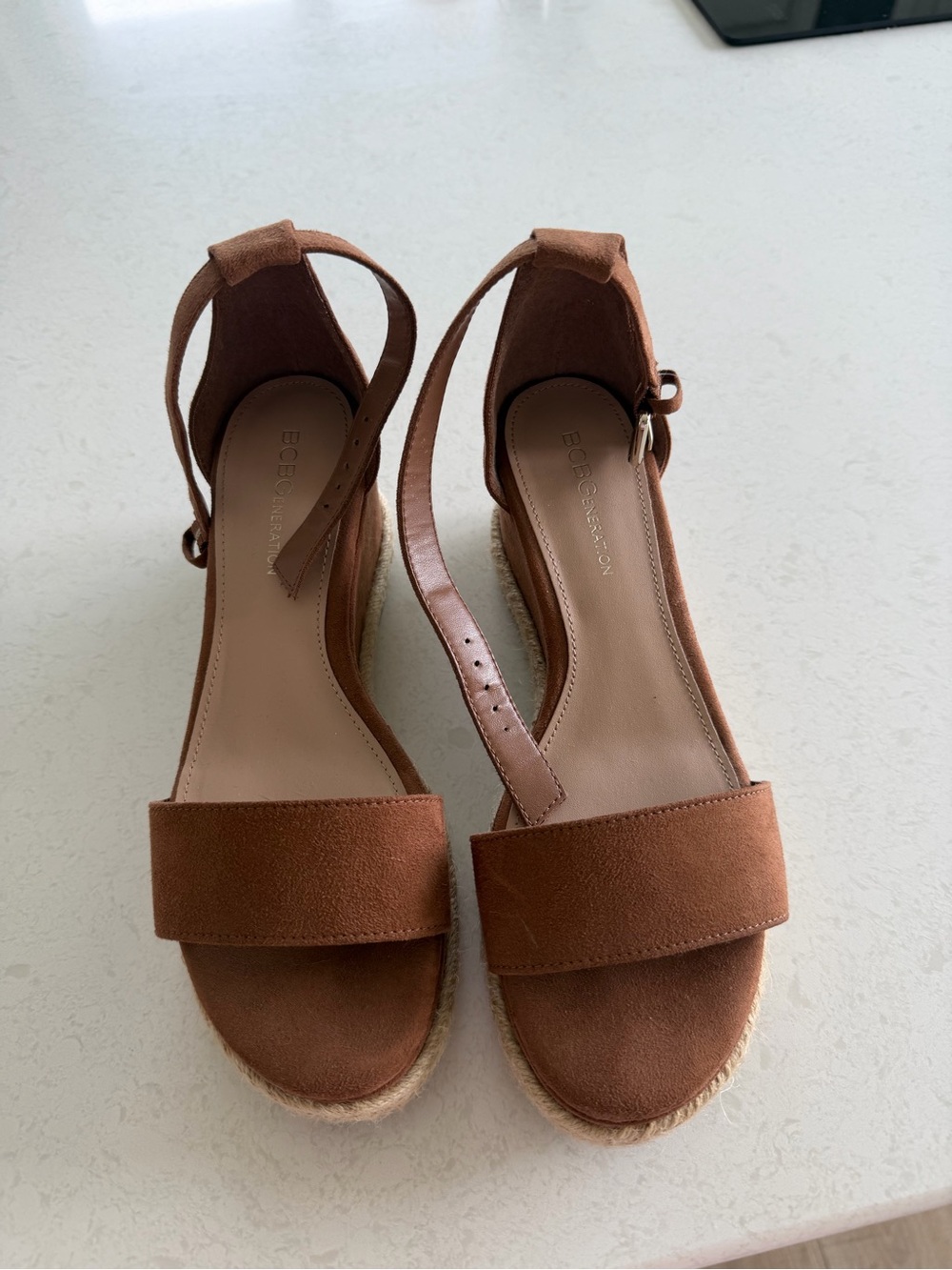 BCBGMaxAzria Tan Suede Ankle-Strap Espadrille Wedges